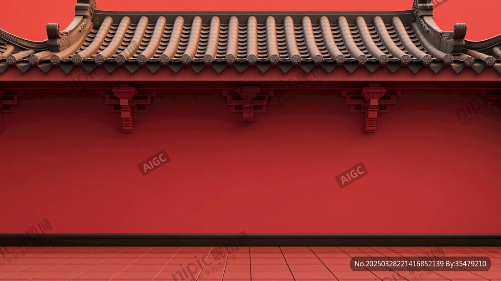 中式紅墻古建筑屋頂一角