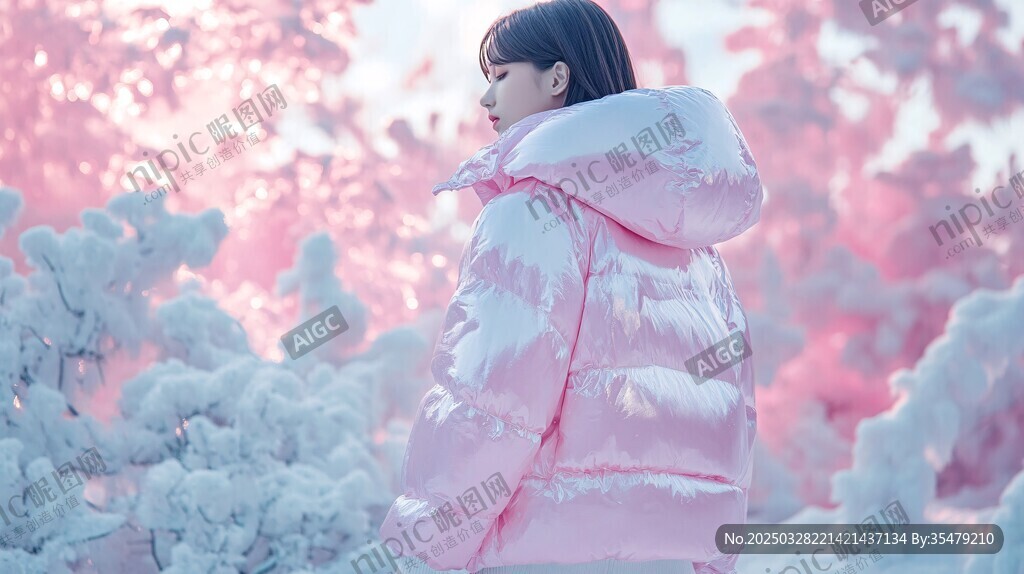 冬日粉雪間的少女背影