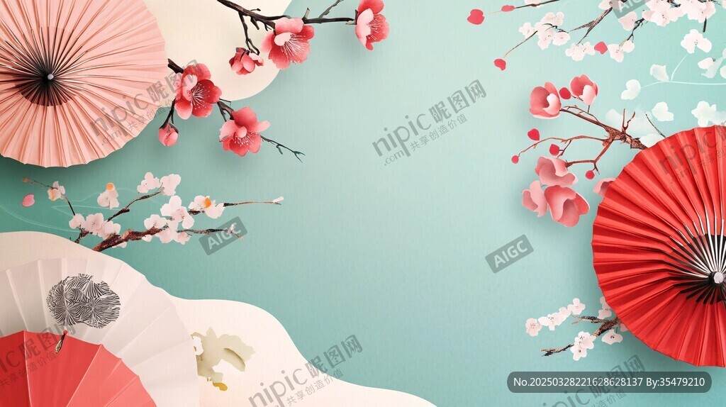 中式風(fēng)紙扇與爛漫花枝