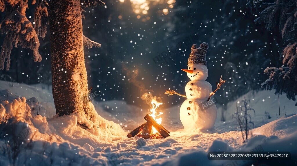 雪夜中雪人旁的溫暖篝火