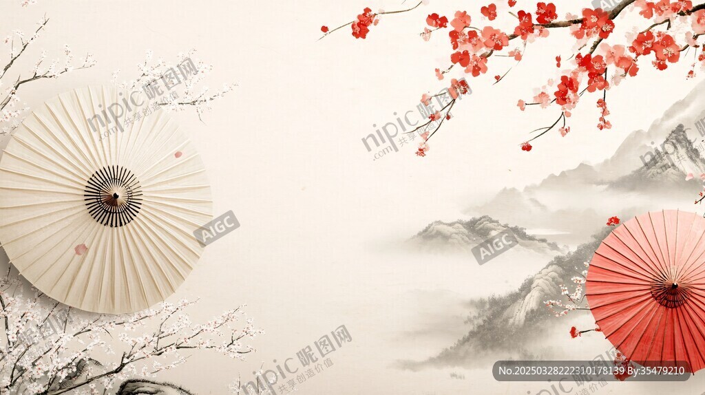 中式風(fēng)情 紙傘紅梅山水景