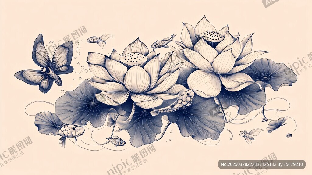 水墨風(fēng)荷花蝴蝶插畫