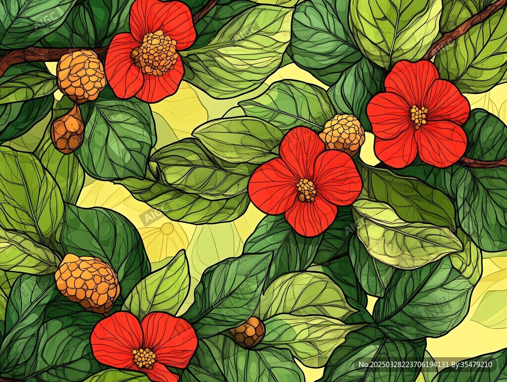 紅花朵綠葉植物插畫(huà)