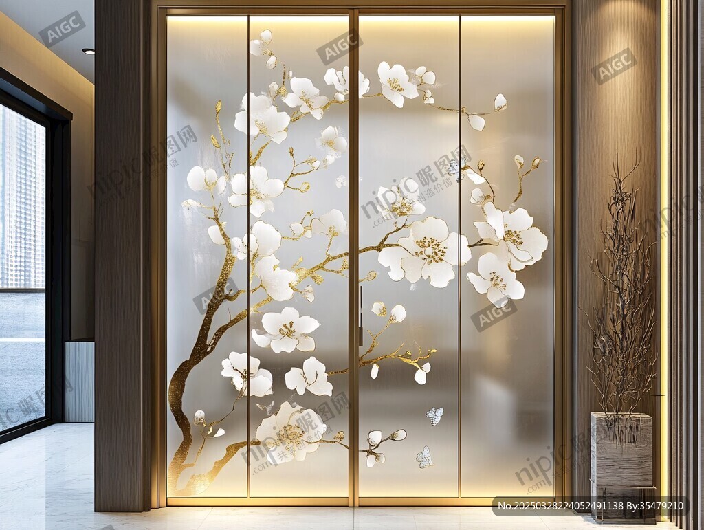 中式繁花藝術(shù)玻璃隔斷