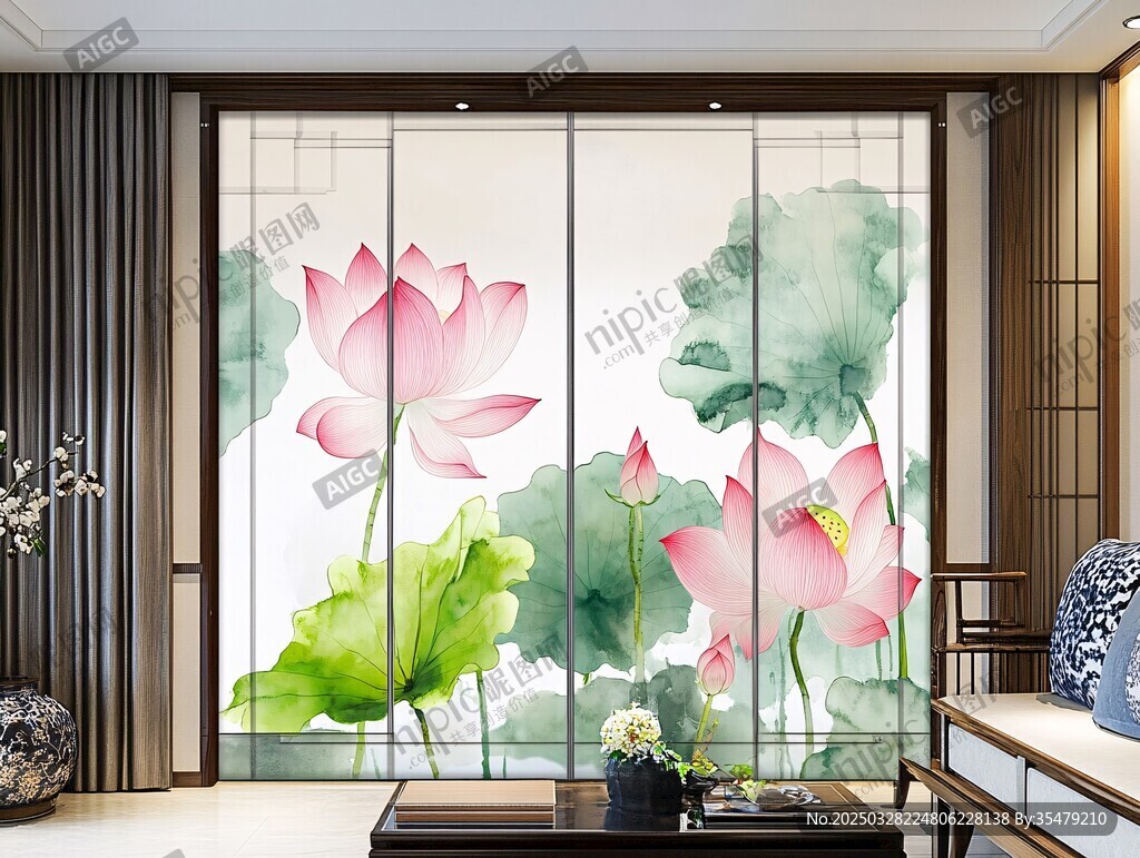 中式客廳的荷花屏風(fēng)美景
