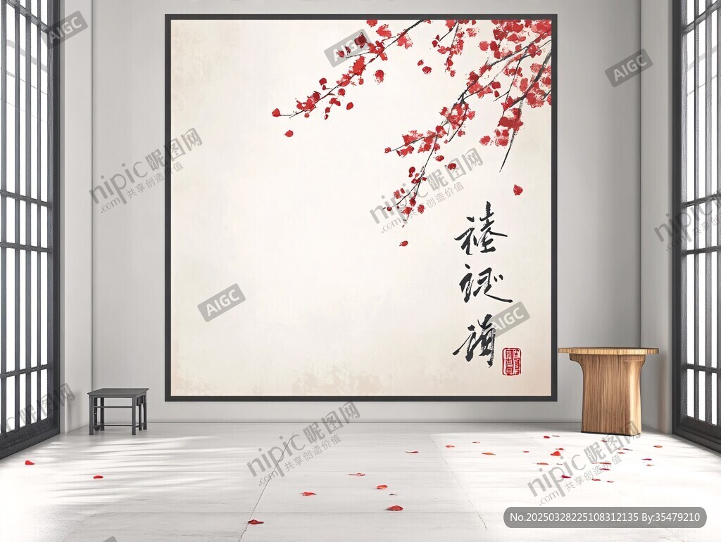 中式房間的紅梅裝飾畫