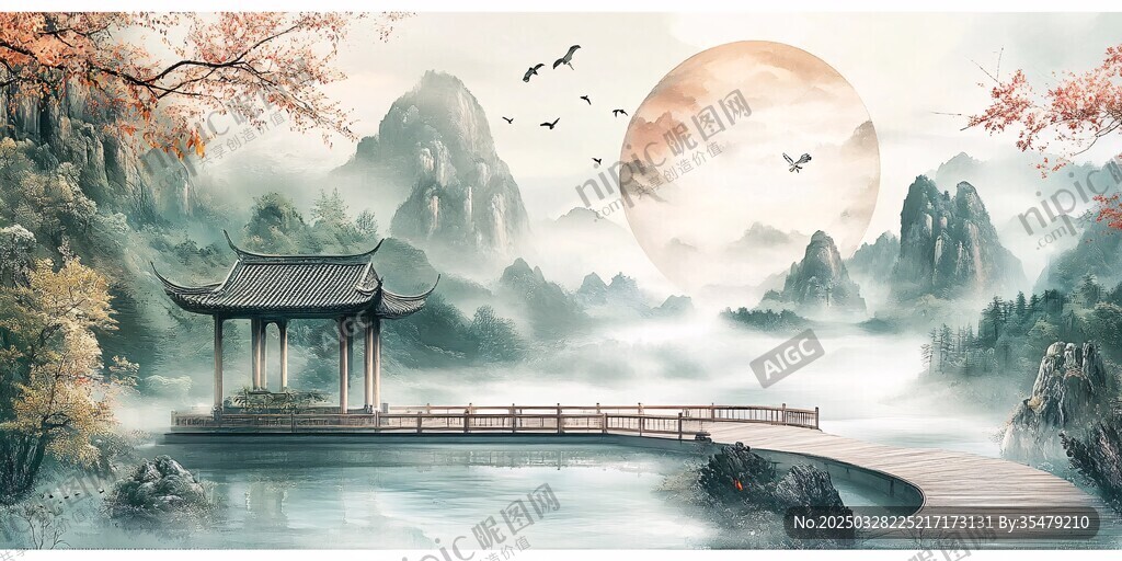 水墨山水間的亭臺(tái)樓閣