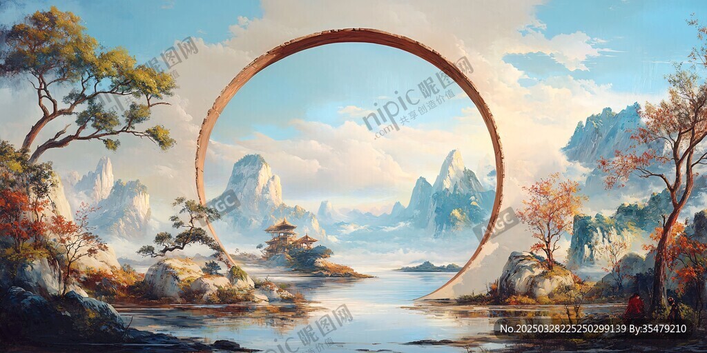 中式山水圓環(huán)奇幻意境圖