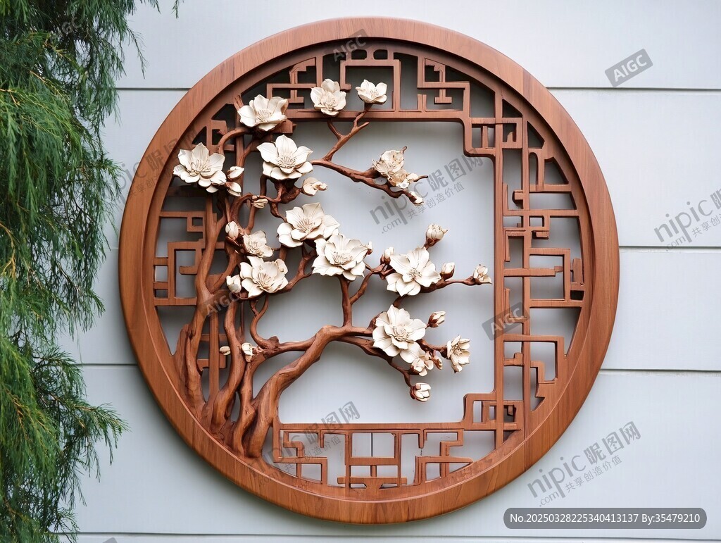 中式木雕玉蘭花圓形掛件
