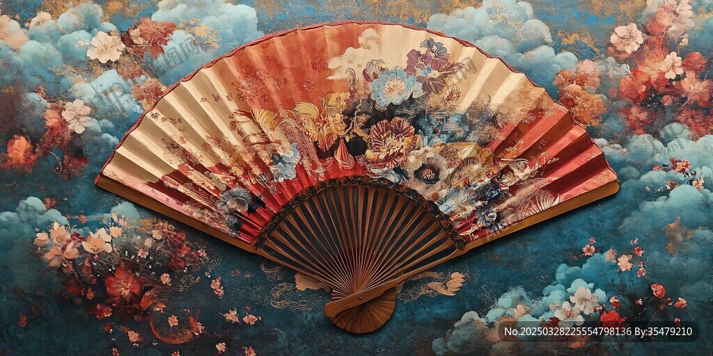 古典折扇繪繁花云景
