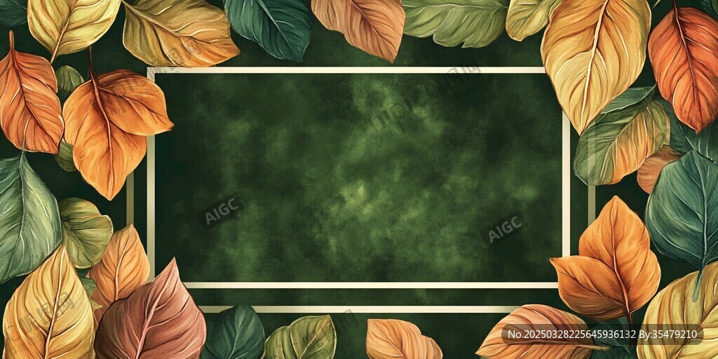 秋葉環(huán)繞的綠色邊框背景