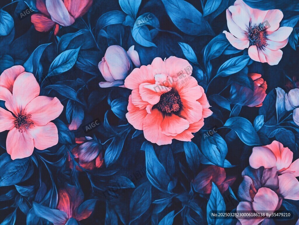 深藍背景上的夢幻花卉圖案