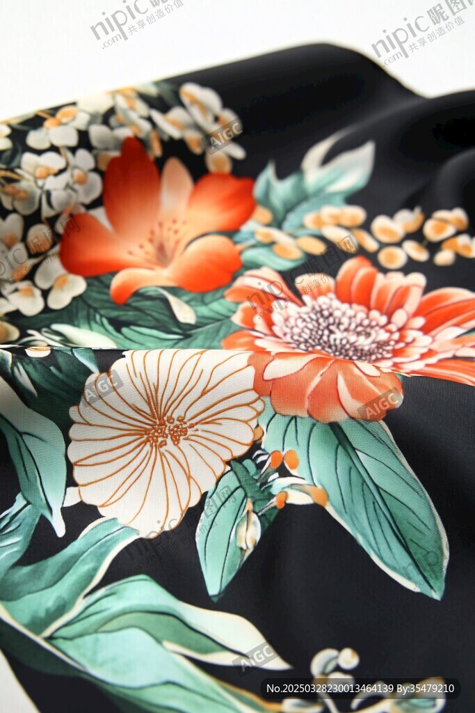 花卉圖案黑色絲綢面料
