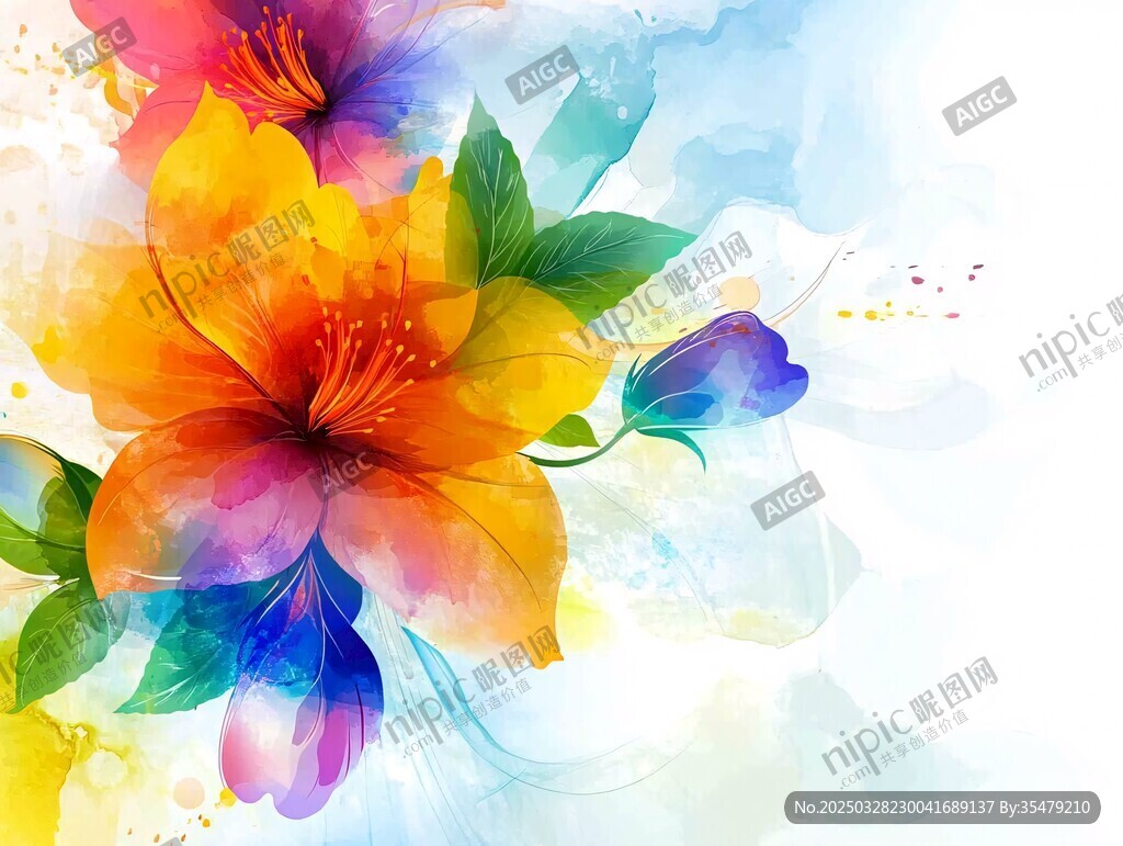 絢麗水彩花卉夢幻背景圖