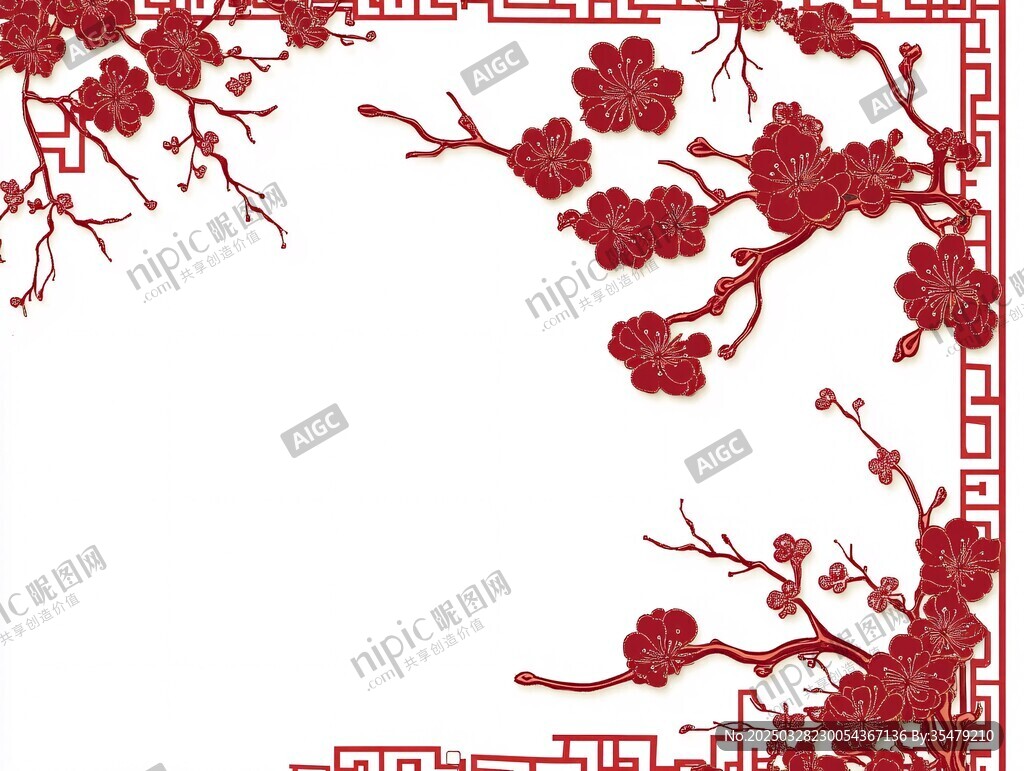 中式紅梅花枝邊框圖案