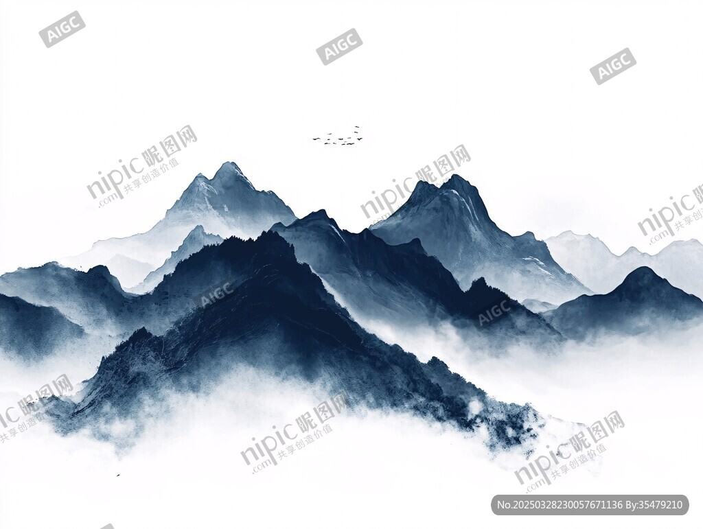 水墨群山飛鳥意境圖