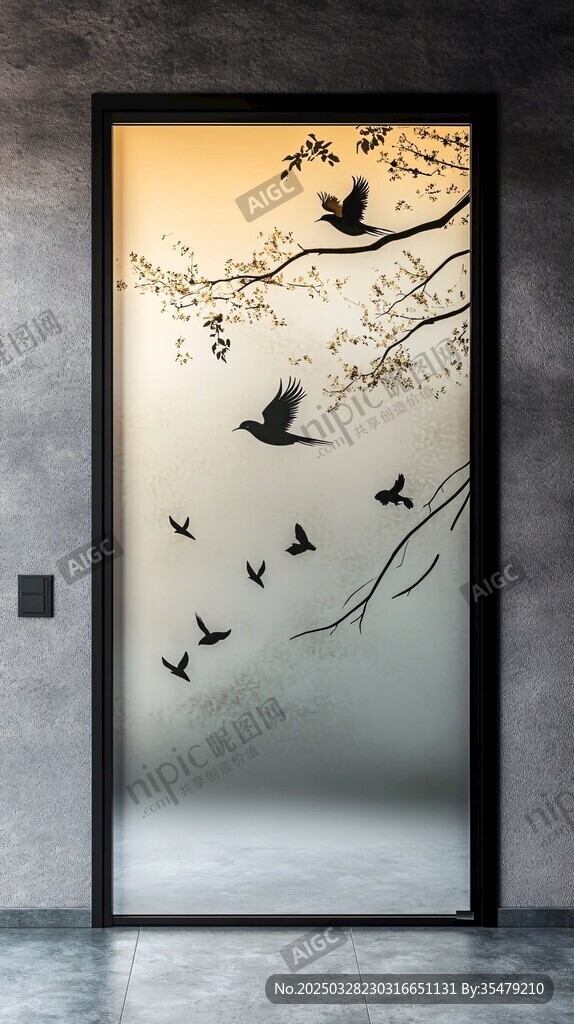 飛鳥(niǎo)繞枝藝術(shù)玻璃門(mén)