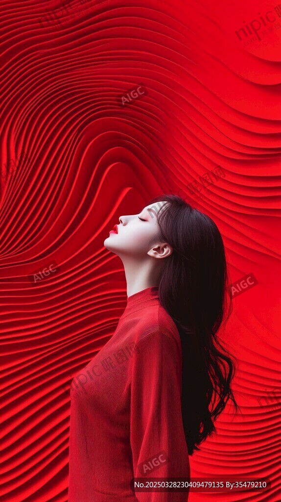 紅衣女子于紅色波紋背景中