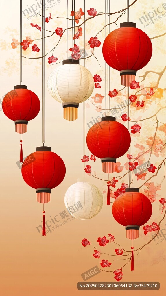 中式紅燈籠與花枝裝飾圖