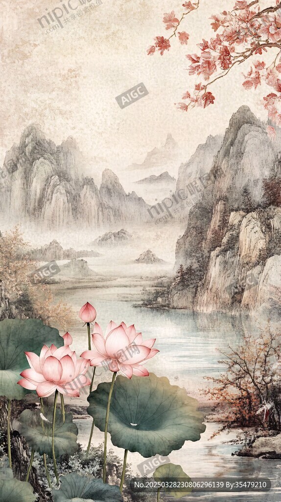 水墨山水間的粉嫩荷花