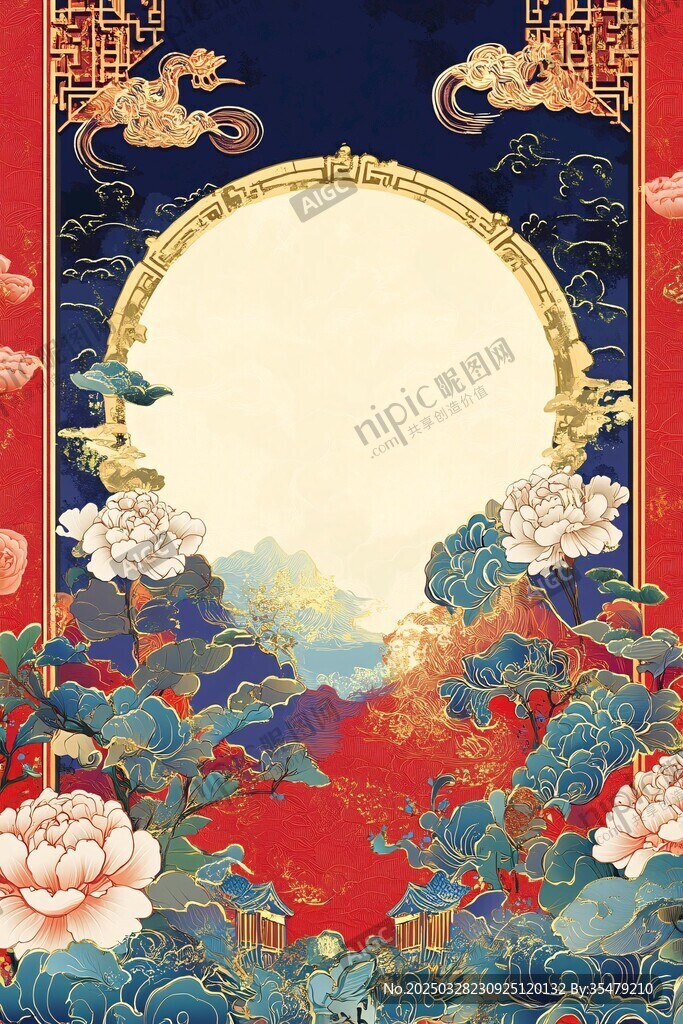 中式古風花卉祥云邊框圖