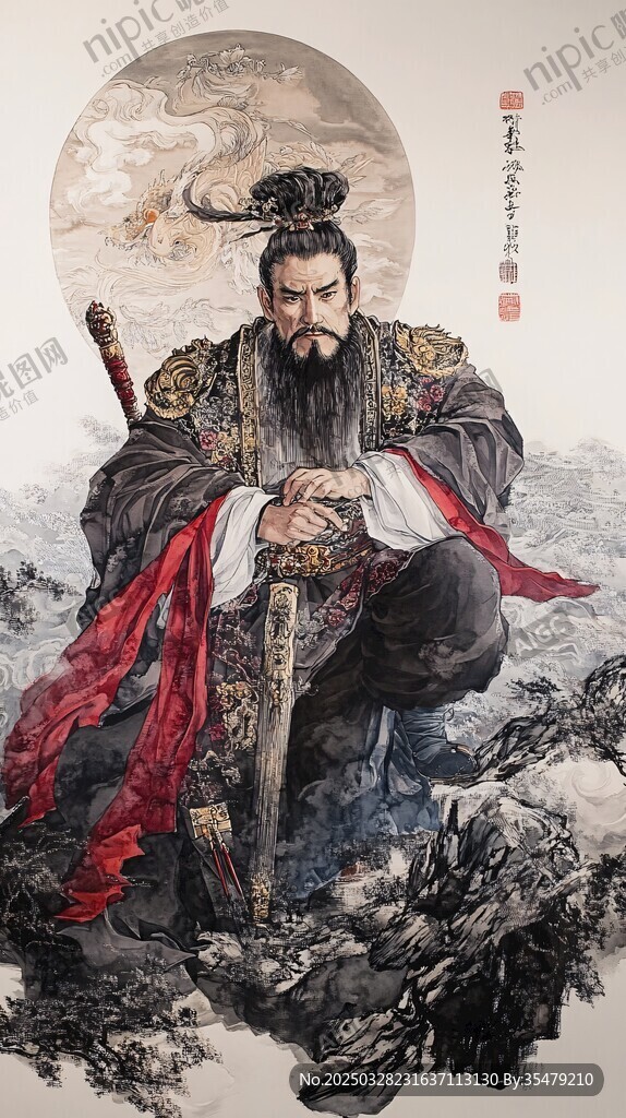 霸氣帝王持劍踞坐于山水間
