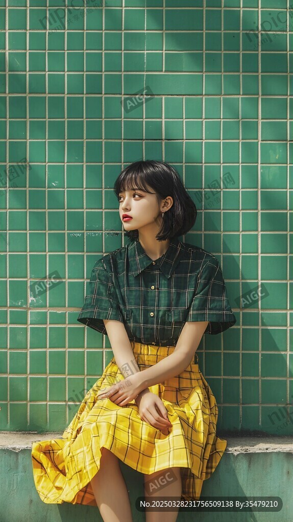 綠墻下的時(shí)尚短發(fā)女生