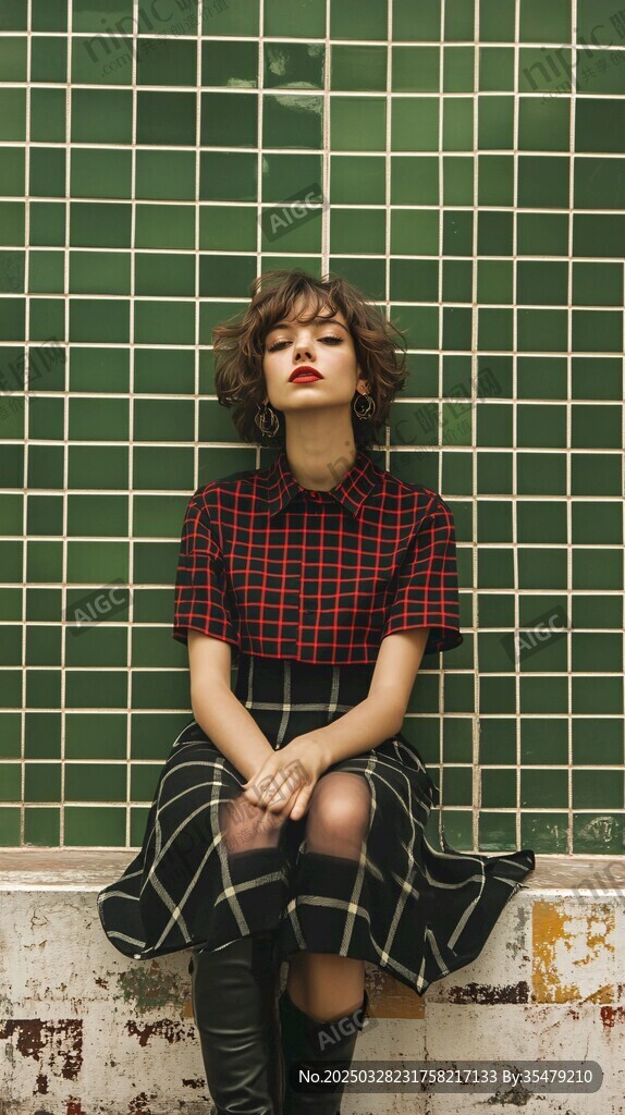 復(fù)古風(fēng)女子倚坐綠瓷磚墻前