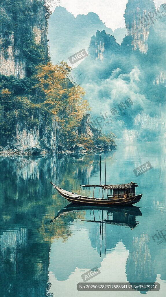 江上孤舟映山水詩意景