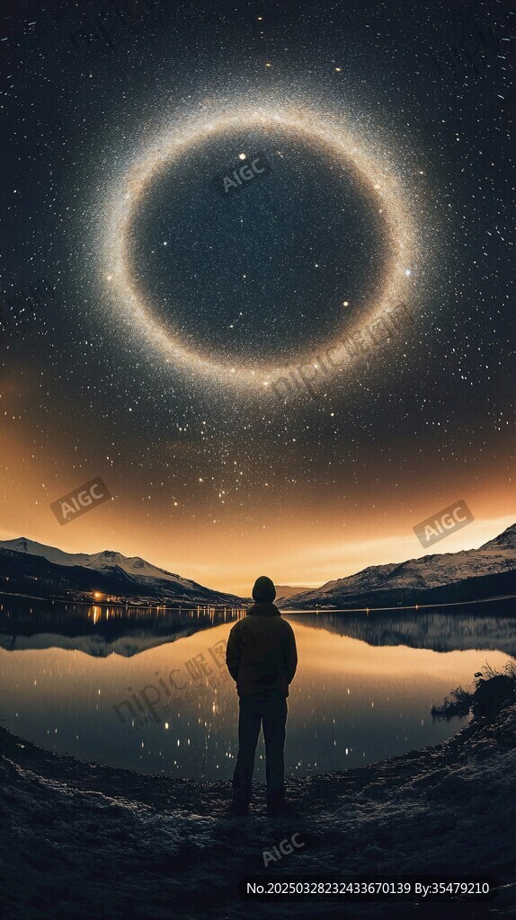 人立湖畔觀宇宙神秘光環(huán)