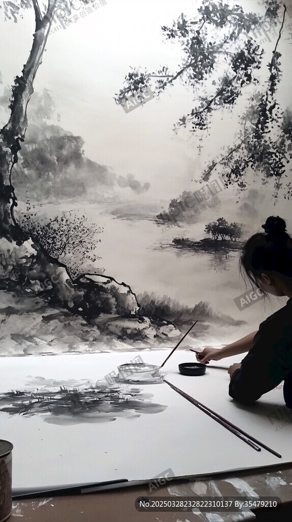 女子專(zhuān)注繪水墨山水畫(huà)作