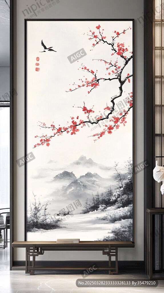 中式梅花山水玄關裝飾畫