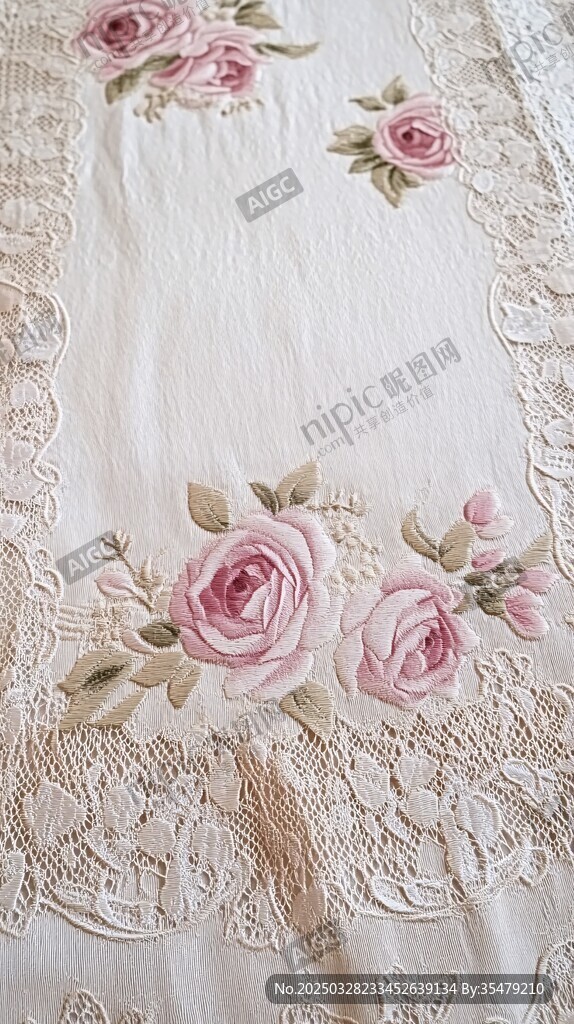 精致蕾絲繡粉玫瑰桌布