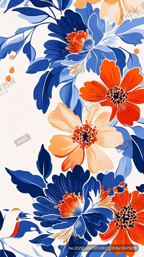 藍(lán)橙花卉圖案精美壁紙