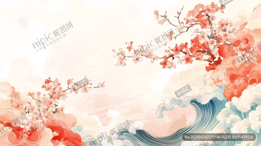 古風(fēng)山水間的爛漫花枝