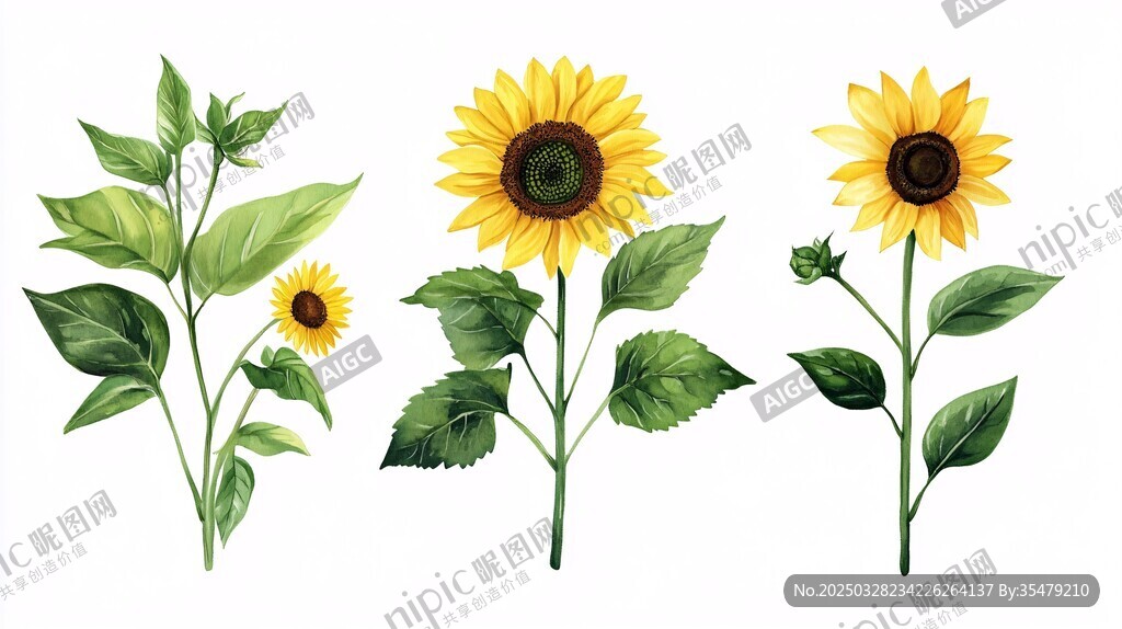 三株向日葵植物插畫