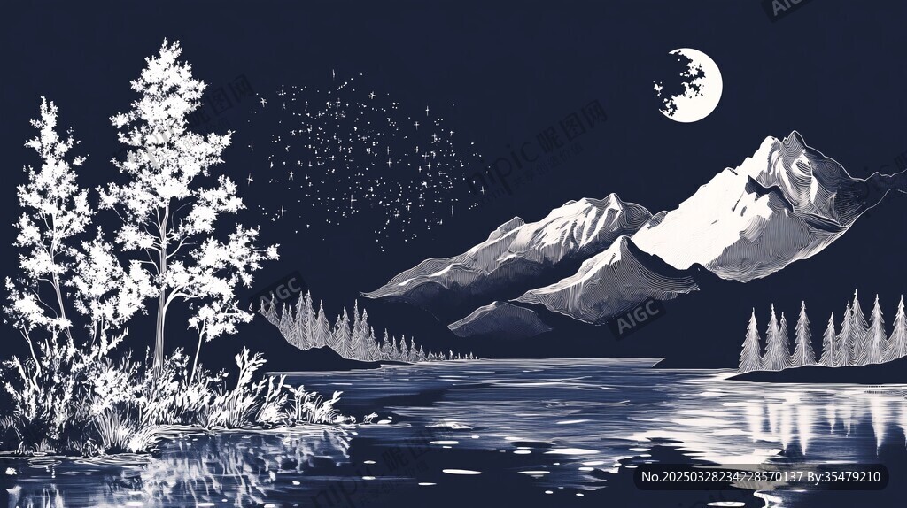 月夜山林湖畔夢(mèng)幻景象
