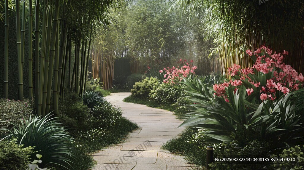 竹林花徑中的靜謐園林風光