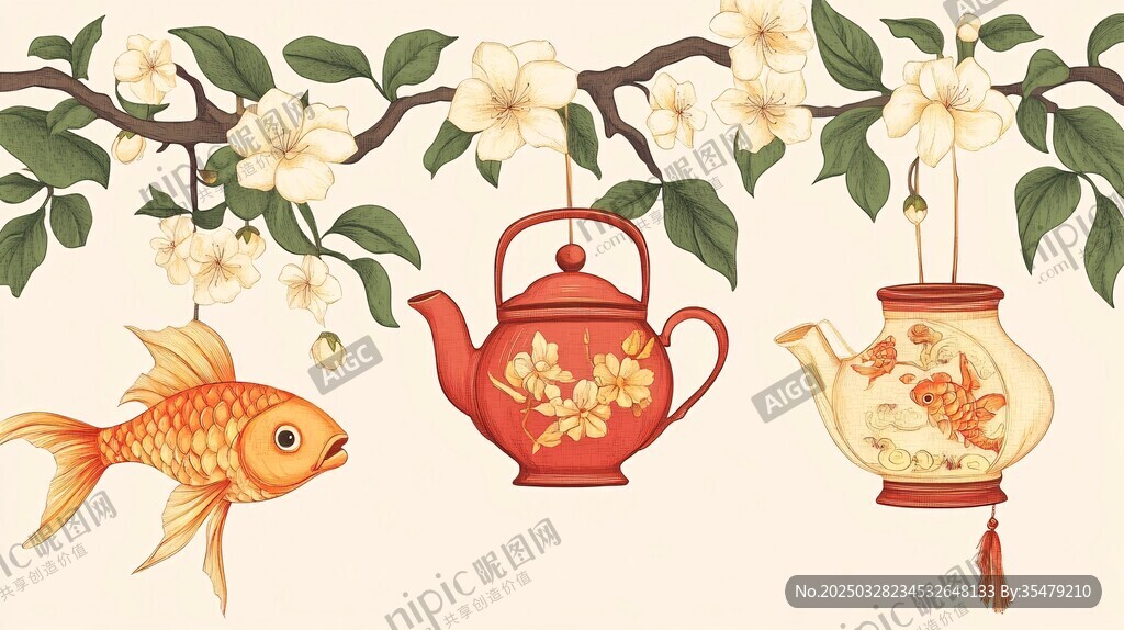 中式花鳥茶壺金魚裝飾圖