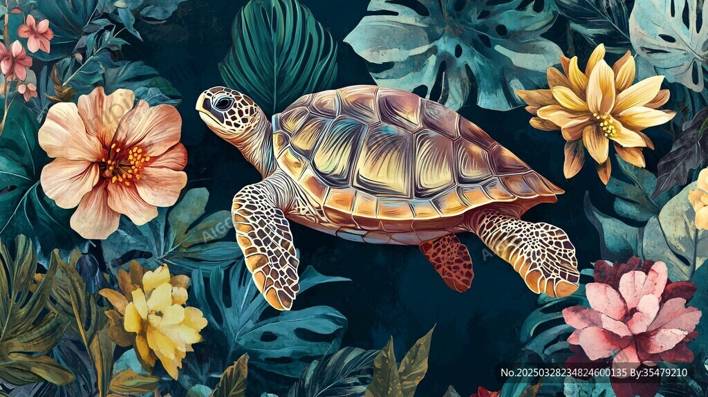 海龜悠游于繁花綠葉間