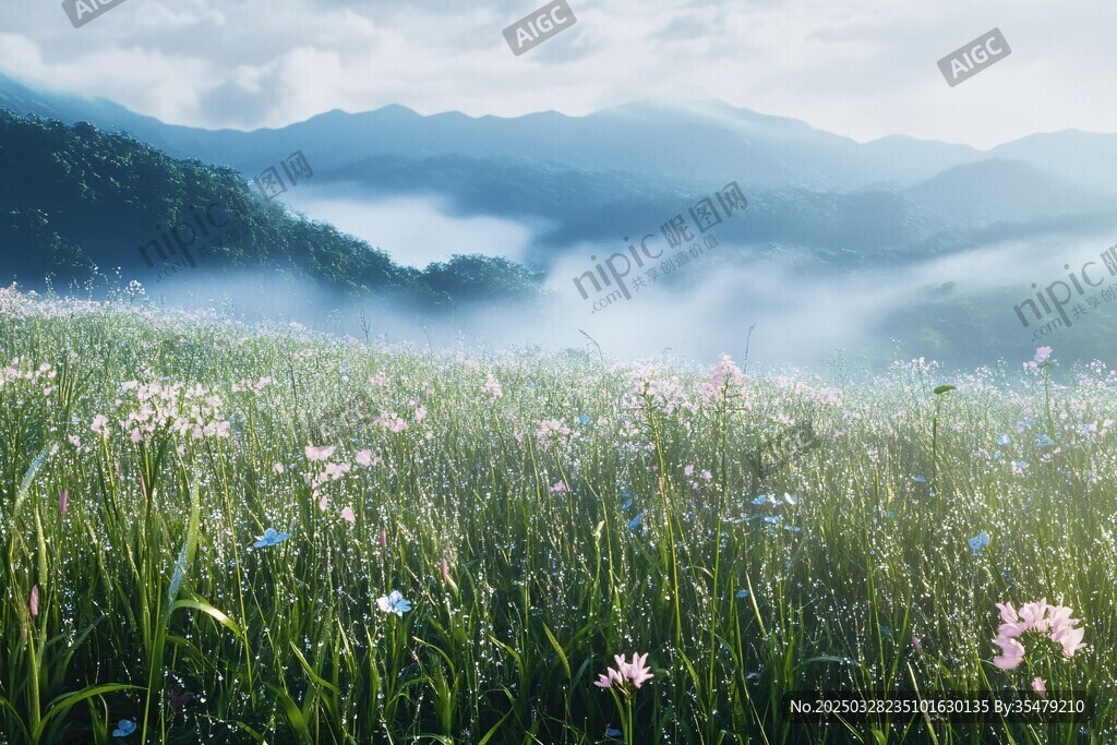 山間花海晨霧美景如畫