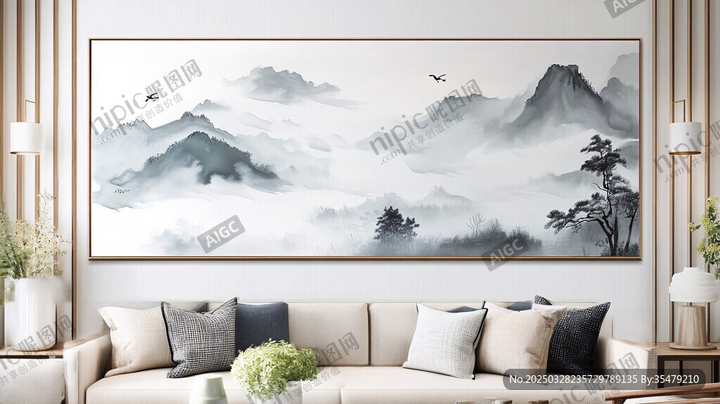 中式客廳中的水墨山水掛畫