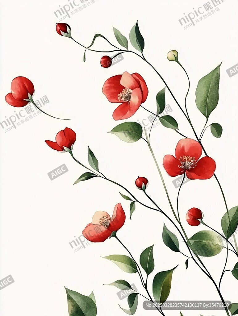 手繪紅色花卉植物插畫
