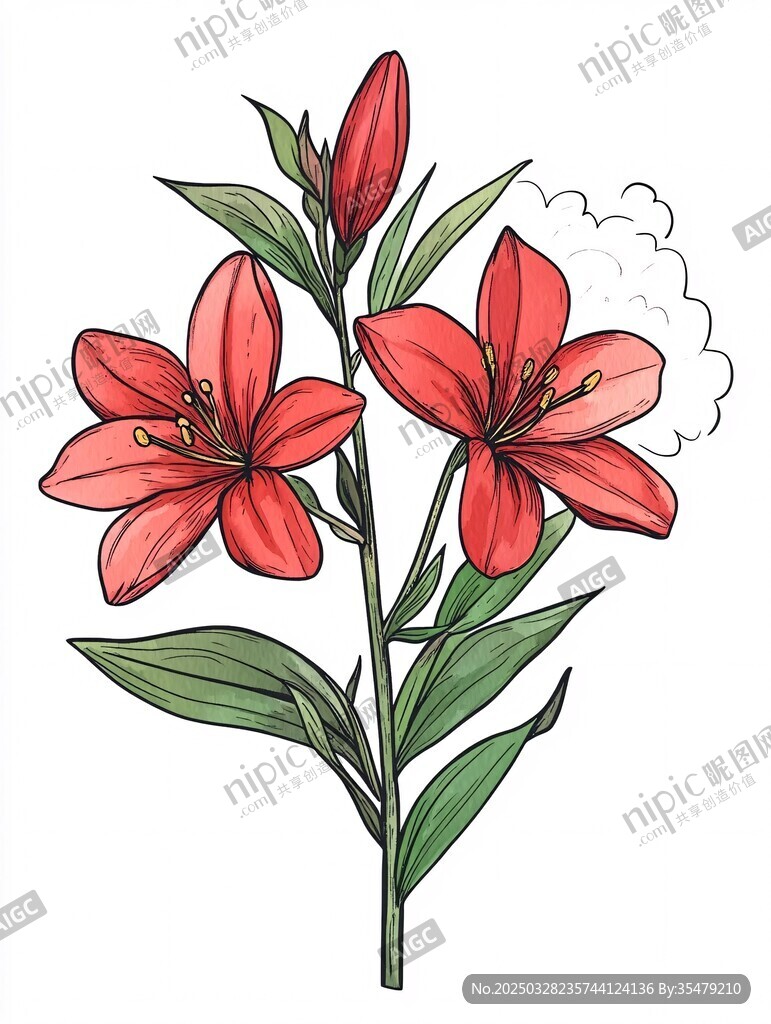 手繪紅色百合花插畫
