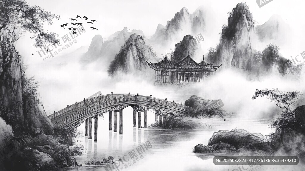 水墨山水間的古韻橋景
