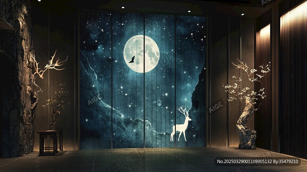夢幻月夜鹿影玄關背景墻