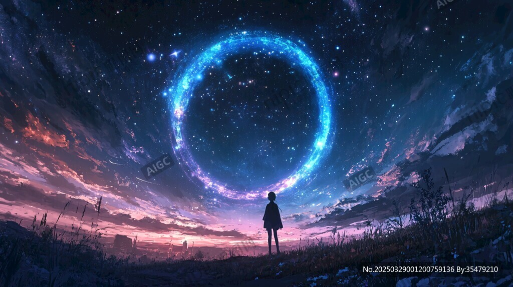 女孩凝望星空夢幻光環(huán)