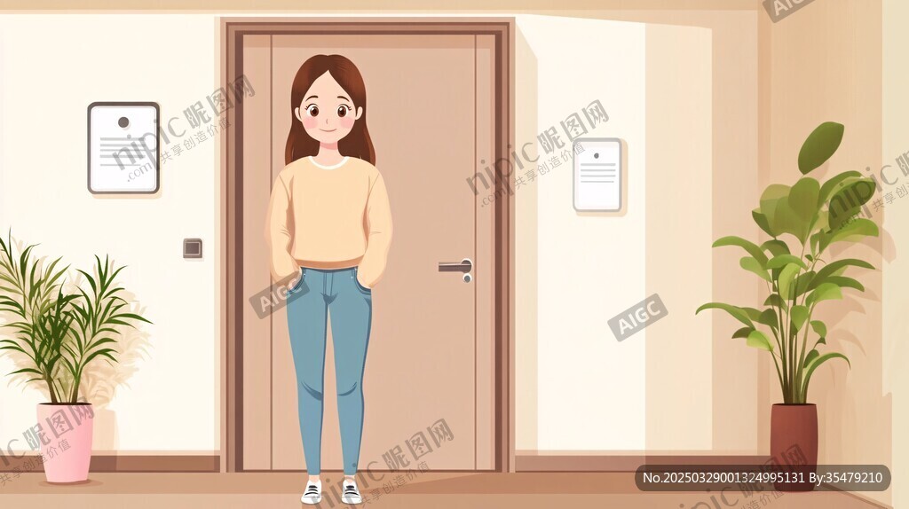 女孩立于門前的溫馨場(chǎng)景