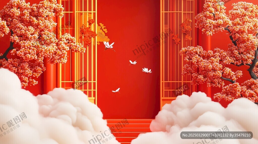 中式紅景 繁花飛鳥云間景