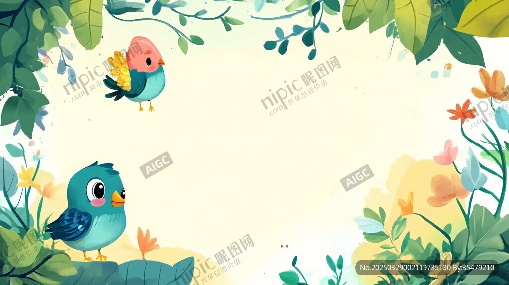 小鳥在花叢綠葉間嬉戲
